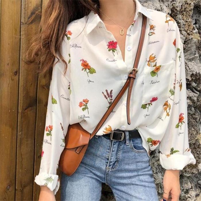 Casual Long-sleeved Shirt Floral Blouses Women Flower Print Blouse Loose White Shirts