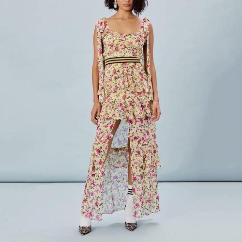 Casual Belted Ruffled Floral Pattern Sleeveless Off-Shoulder Bare Back Dress