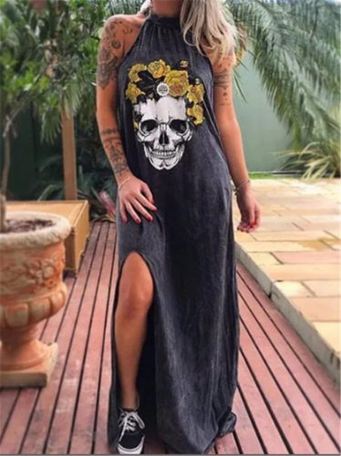 2020 Summer 3D Skull Print Floral Women Punk Long Dress Casual Streetwear Gothic Sleeveless Loose Maxi Dress Female Robe