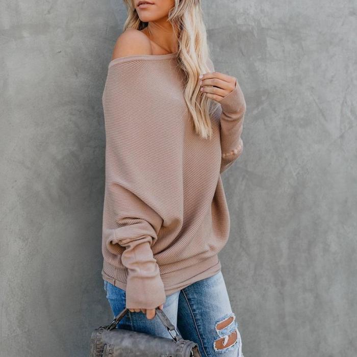 Sexy Pure Colour   Sloping Shoulder Bat Sleeve Sweater