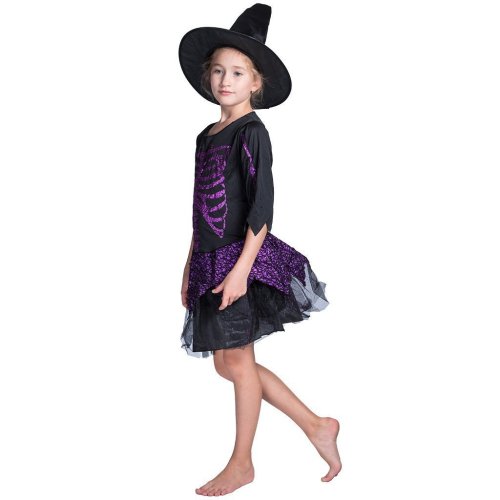Cute Kids Girls Glitter Skull Witch Cosplay Costume Dress Cap Hat Sweet Outfit Set Halloween Party Festival Clothes