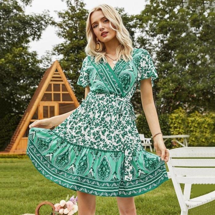 Women's Printed Floral V-Neck Elastic Waist Holiday Casual Dress Green