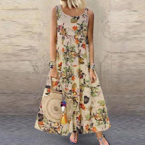 Round Neck Floral Printed Maxi  Vacation Dress