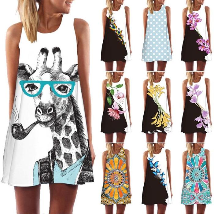 Women Mini A-Line Dress Froal Butterfly Dot Print Summer Short 3D Dress Casual Chiffon Dresses Boho Beach Sleeveless Dress