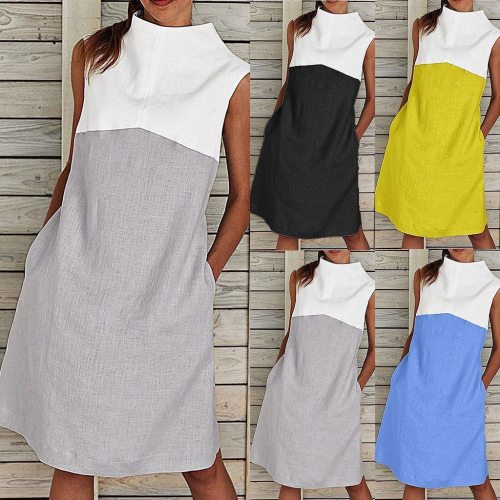 Womens Holiday O Neck Solid  Dress Ladies Summer Beach Party Dress Patchwork Sleeveless Elegant Casual Knee-Length Dress