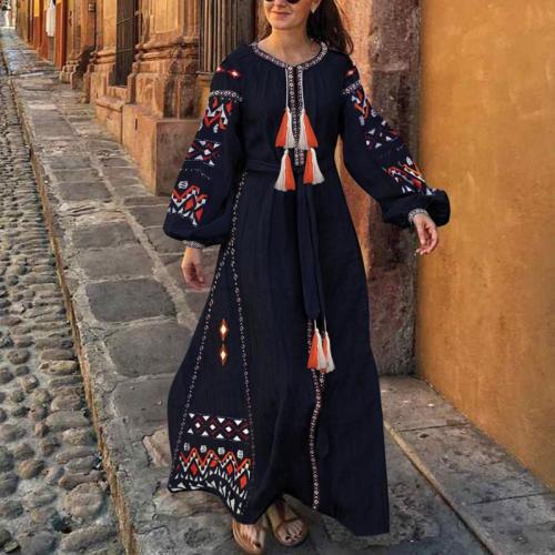 Bohemian Round Neck Tassel Printed Colour Belted Long Sleeve Casual Maxi Dress