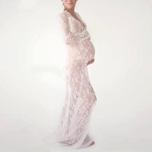 Maternity Deep V-Neck Hollow Out Lace  Floor-Length Dress