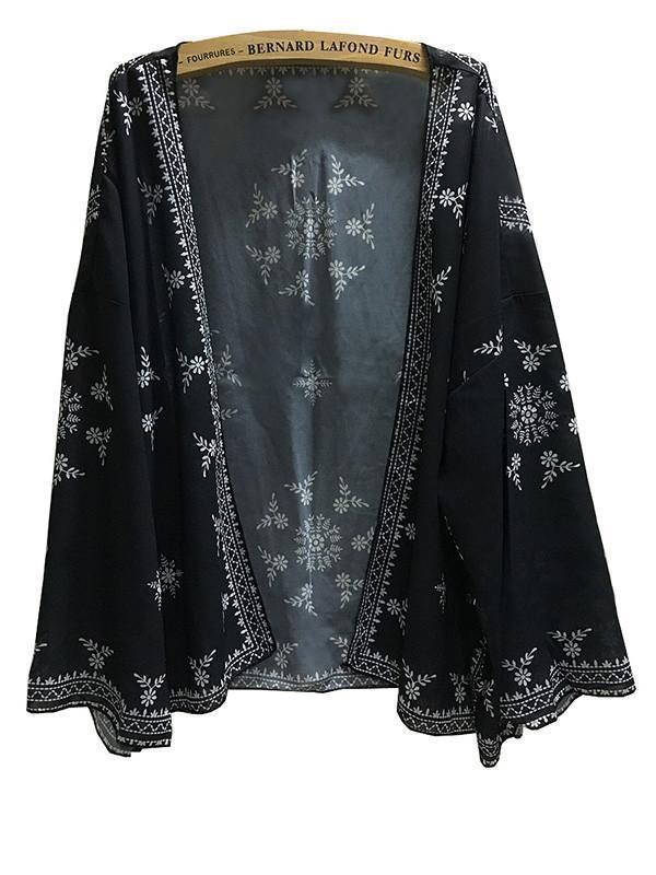 Beautiful Black Long Sleeve Printed Shawl Cover-up Tops