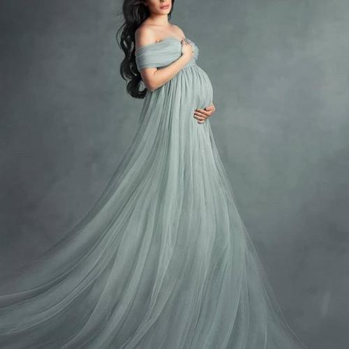 Maternity Off Shoulder Short Sleeve Full Length Dress