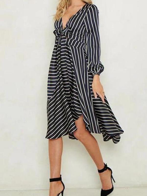 Fashion Stripe Long Sleeve V-Neck Casual Dress