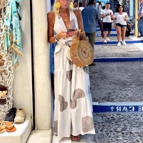 Sexy Deep V Sleeveless Printed Belted Long Casual Dress