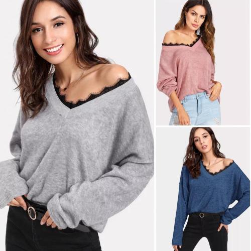 Solid Color Lace Patchwork V-neck Women Loose Sweater