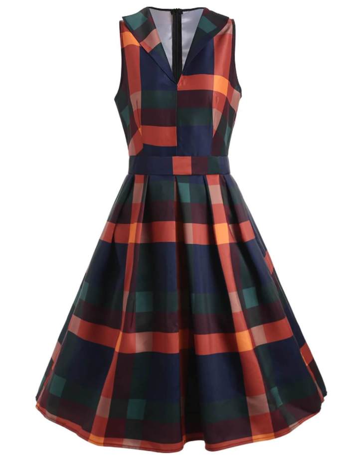 1950s Plaid Sleeveless Party Dress