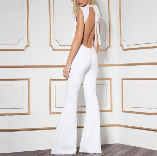 Commuting High Collar Belted Sleeveless Bare Back Jumpsuit