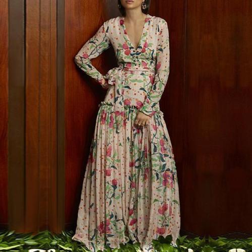 Flash Sale Sexy Deep V Collar Floral Printed Pagoda Sleeve Maxi Dress