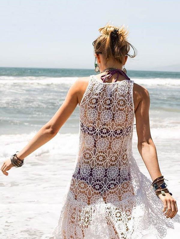Lace Asymmetric Sleeveless See-through Cover-up