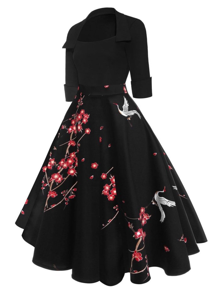 1950s Floral Print Patchwork Swing Dress