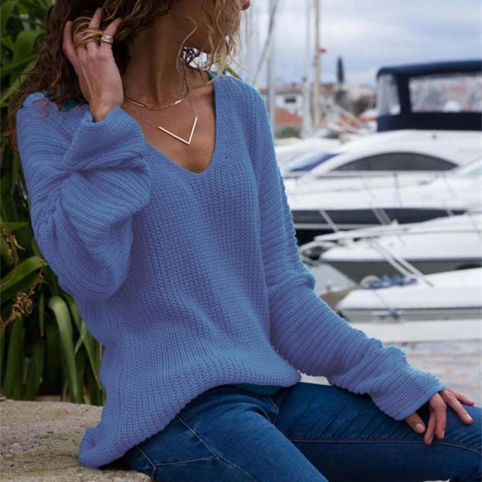 Autumn And Winter   Fashion V Collar Loose Long-Sleeved Sweater