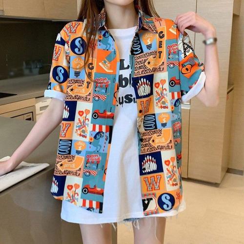 Harajuku Blouses Retro Loose Print Shirts Women Casual Short Sleeve Loose Lapel Shirt Top