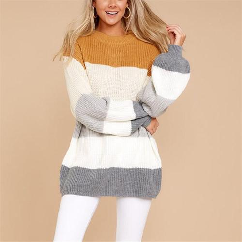 Color Block Stitching Long And Loose Knitted Sweater
