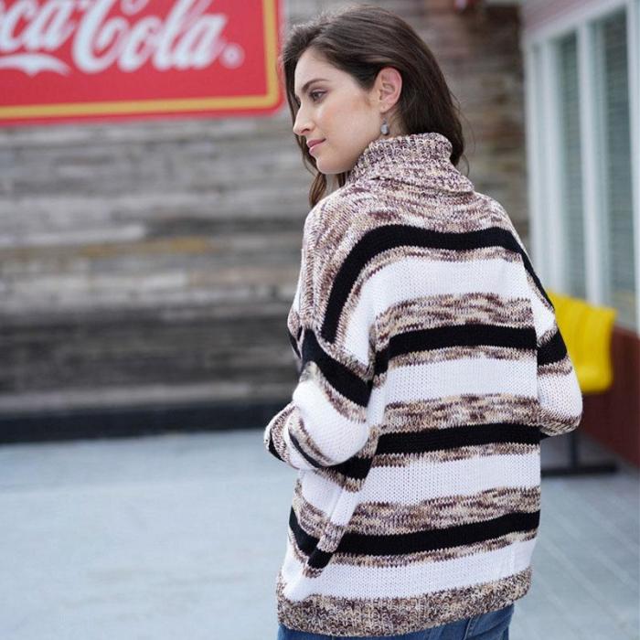 Turtleneck Striped Knit Pullover Sweater