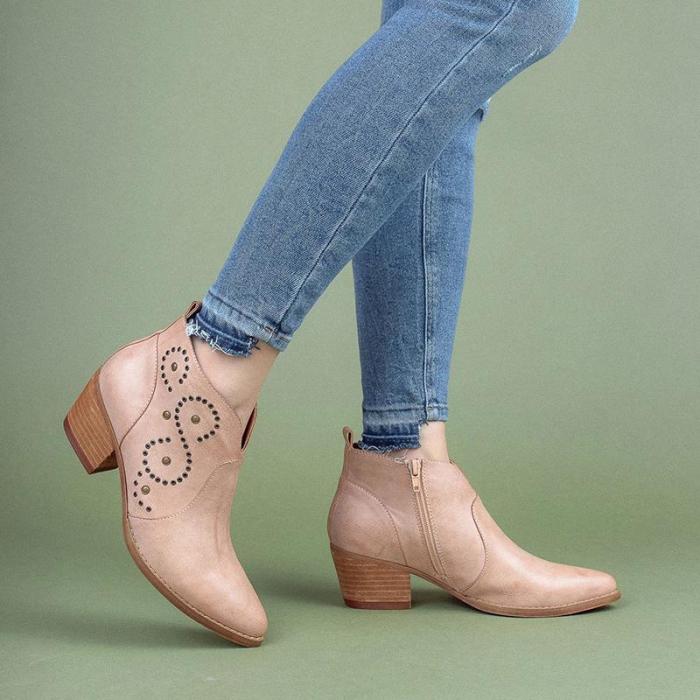 Women's Fashion Solid Color Rivets Decorative Ankle Boots