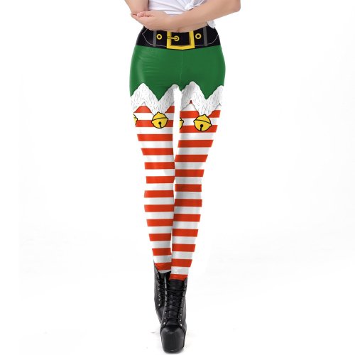 Stripe Belt Print Women Mid Waist Christmas Skinny Leggings