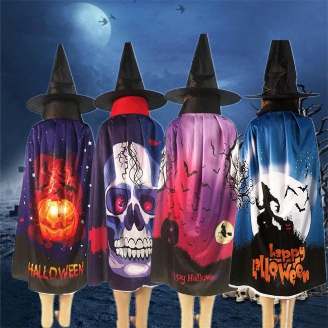 Halloween Cloak New Cosplay Costume Party Digital Printing  Pumpkin/ Skull /Bat /Ghost Pattern  Cloak Hat Set  80cm