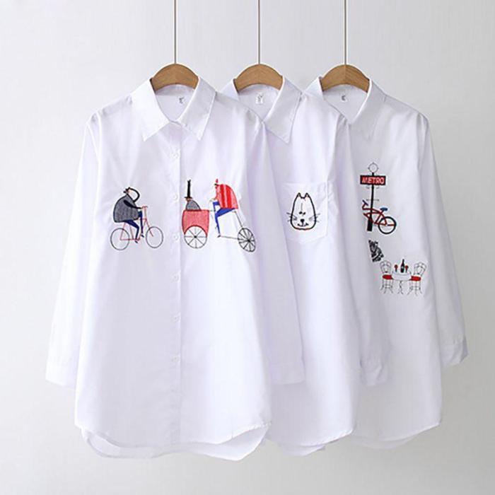 Casual Single Breasted Long Sleeve Blouse Vintage Cartoon Cat Embroidered Shirts Blouses