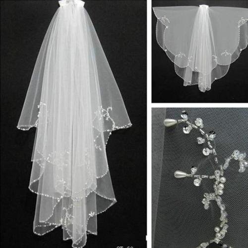 Women Bridal Veil Velos De Novia Free Shipping White/Ivory Tulle Short Wedding Veil With Combe Sequin Beaded 2 Layers