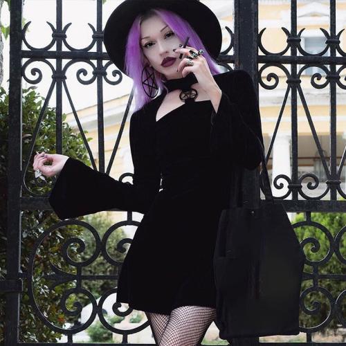 Goth Dark women dress hollow out pentagram flare sleeve harajuku velvet mini dress girl cool dress streetwear punk rock dress