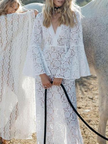 Lace Flared Sleeve Split-side Maxi Cover-up