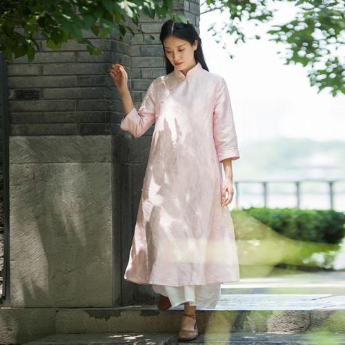 Pink Linen Chinese Dress