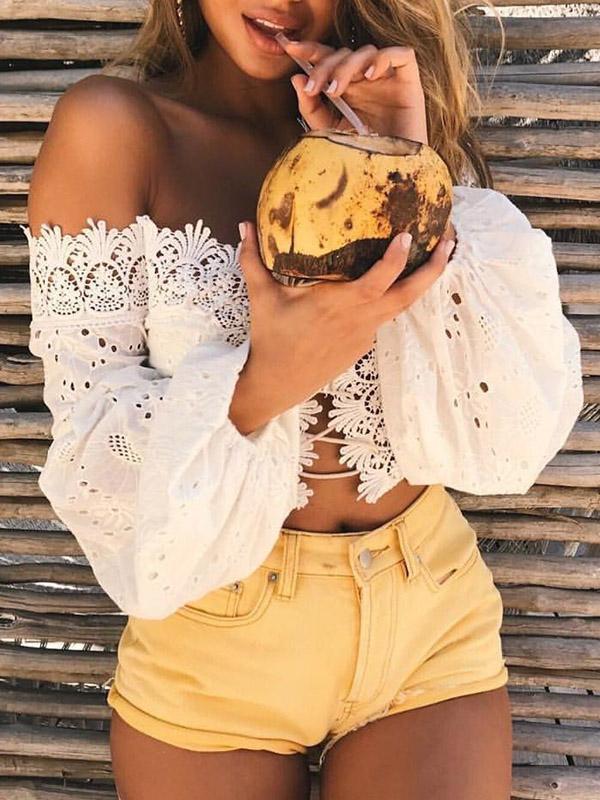 Lace Off Shoulder Puff Sleeves Blouses&shirts Tops