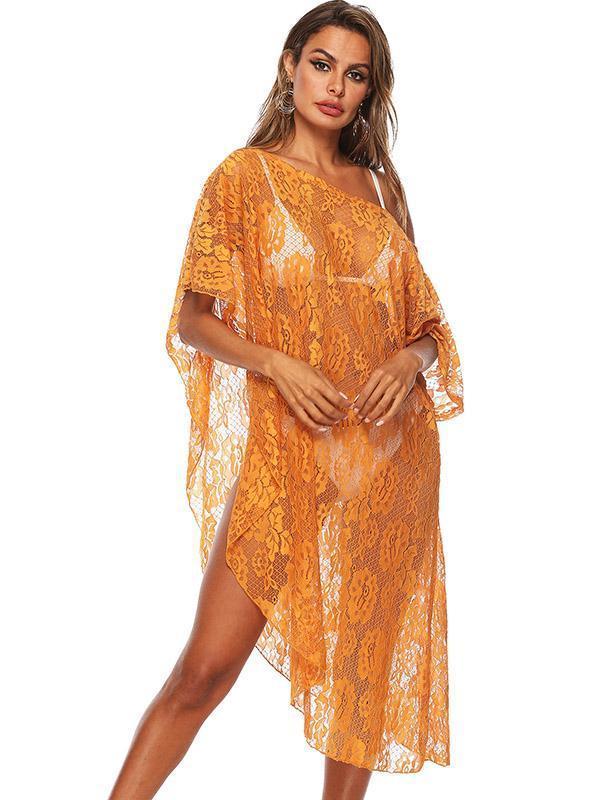 Lace Solid Floral Beach Cover Up