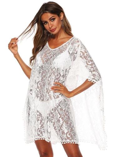 Sexy Solid White Loose Beach Lace Cover-Up