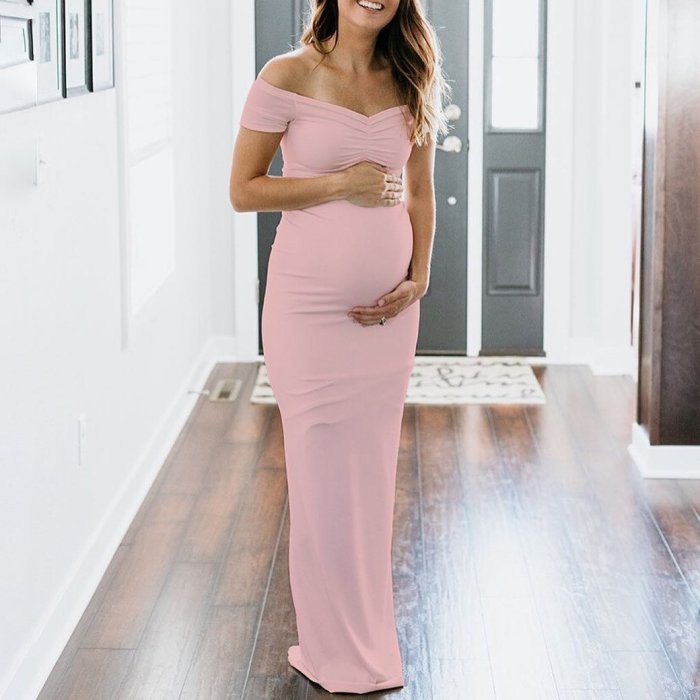 Maternity Solid Pink Off Shoulder Short Sleeve Dress