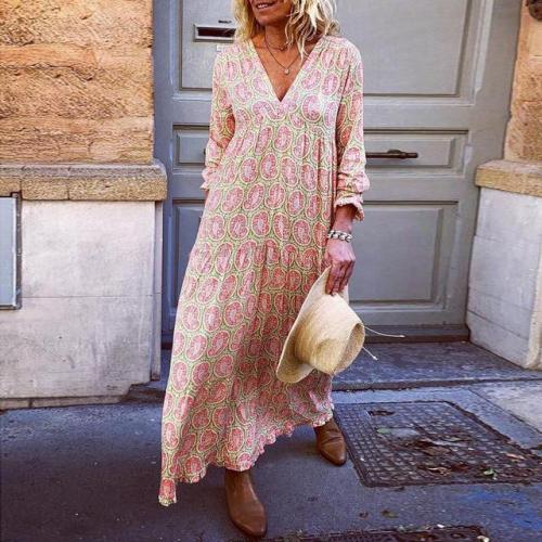 Vacation V-Neck Flower Print Loose Casual Maxi Dress