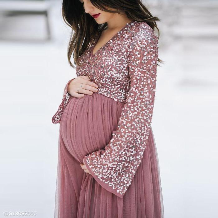 Maternity V-Neck Long Sleeve Tulle Gown With Tonal Delicate Sequins