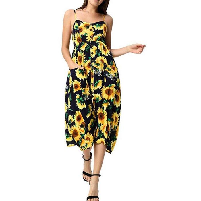 EBUYTIDE Casual Sunflower Maternity Dress Sleeveless Button Pregnancy Clothes Summer Floral Printed Pregnant Sundresses
