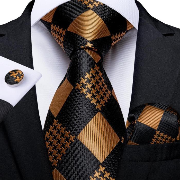 Gift Men Tie Luxury Gold Black Striped Paisley Silk Wedding Tie For Men EBUYTIDE Designer Hanky Cufflinks Fashion Tie Set