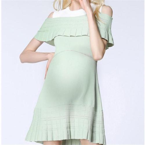 Maternity Round Neck Off-Shoulder Stitching Color Skirts