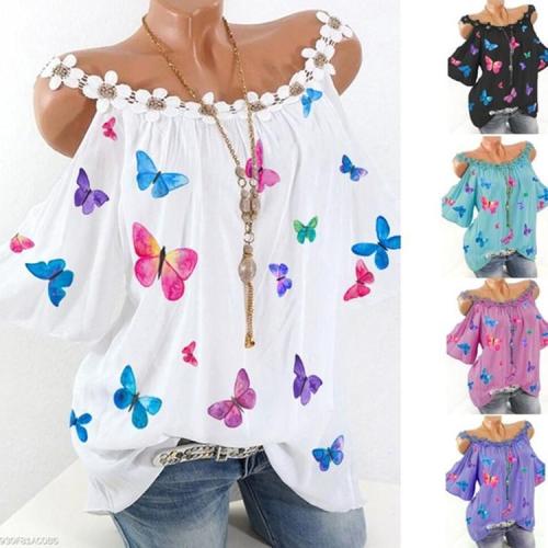 Women Butterfly Printed Lace Loose Short Sleeve Blouse T-shirt Tops