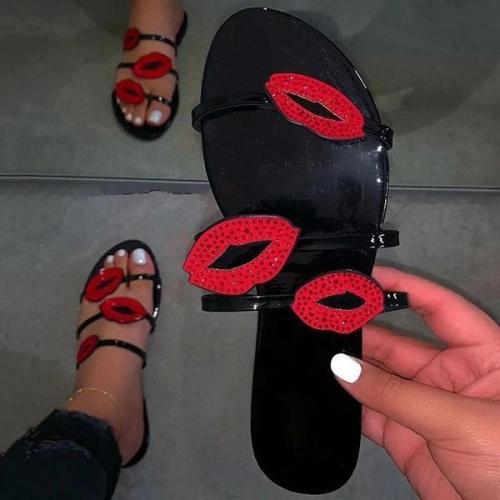 Fashion Rhinestone Women's Colorblock Red Lips Flat Slippers