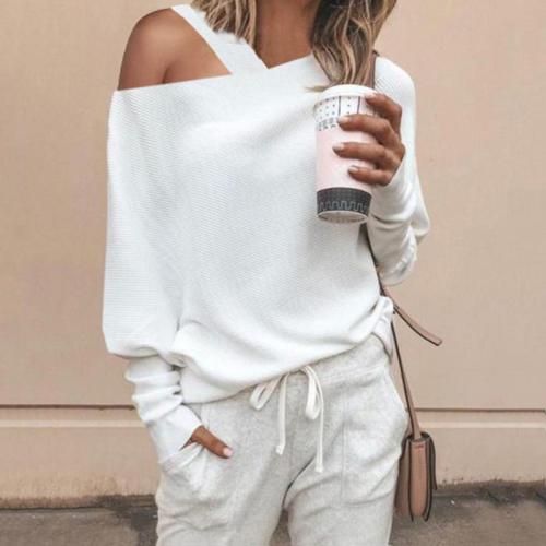 Fashion Sexy Shoulder Out Puff Sleeves Knit Blouse
