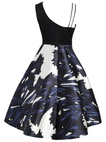 1950s Rose Print Slash Shoulder  Dress