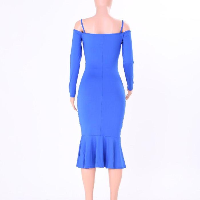 Solid Color Long-Sleeved Ruffled Fishtail Dress
