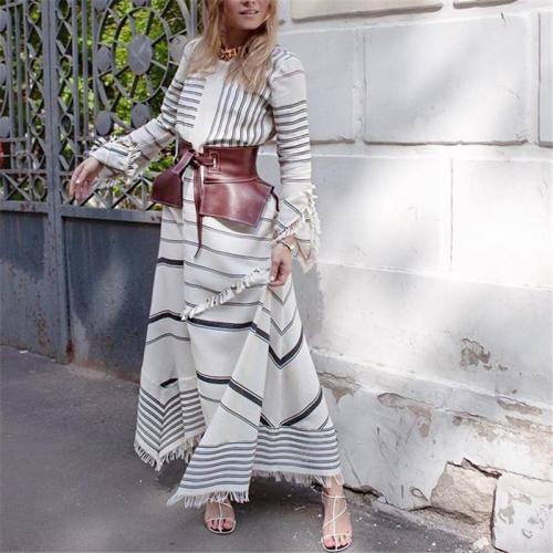 Casual Round Neck Long Sleeve Striped Vacation Maxi Dress