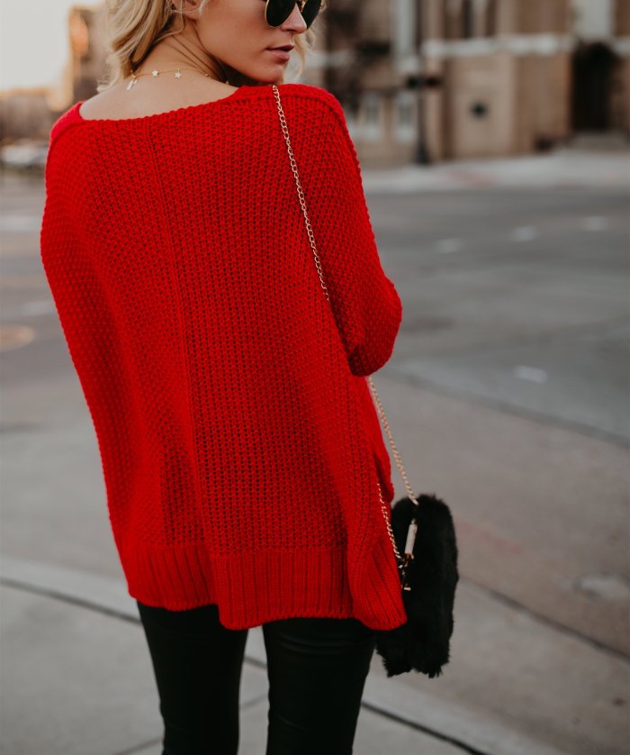 Fashion Red Long-Sleeved Knitting Sweater