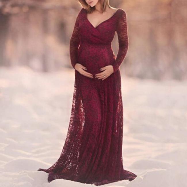 Maternity Lace V-Neck Full Length Dress